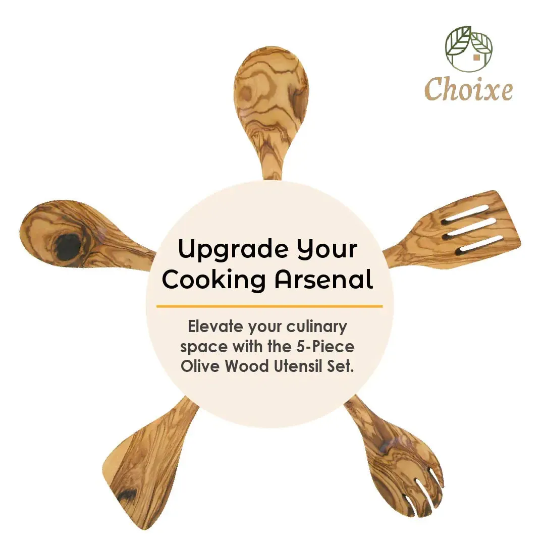 Hand-Carved Kitchen Utensil Set - 5 Pcs Authentic Olive Wood, Eco-Friendly & Durable