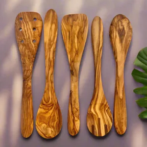Hand-Carved Kitchen Utensil Set - 5 Pcs Authentic Olive Wood, Eco-Friendly & Durable