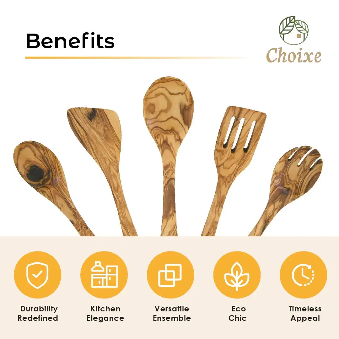 Hand-Carved Kitchen Utensil Set - 5 Pcs Authentic Olive Wood, Eco-Friendly & Durable