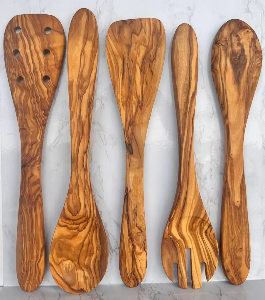 Hand-Carved Kitchen Utensil Set - 5 Pcs Authentic Olive Wood, Eco-Friendly & Durable