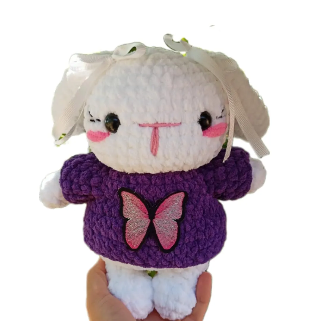 Handmade Bunny Plush with Butterfly Sweater – Soft Amigurumi Rabbit Toy – Cute Gift for Kids, Baby Shower, Nursery Decor or Springtime Surprise