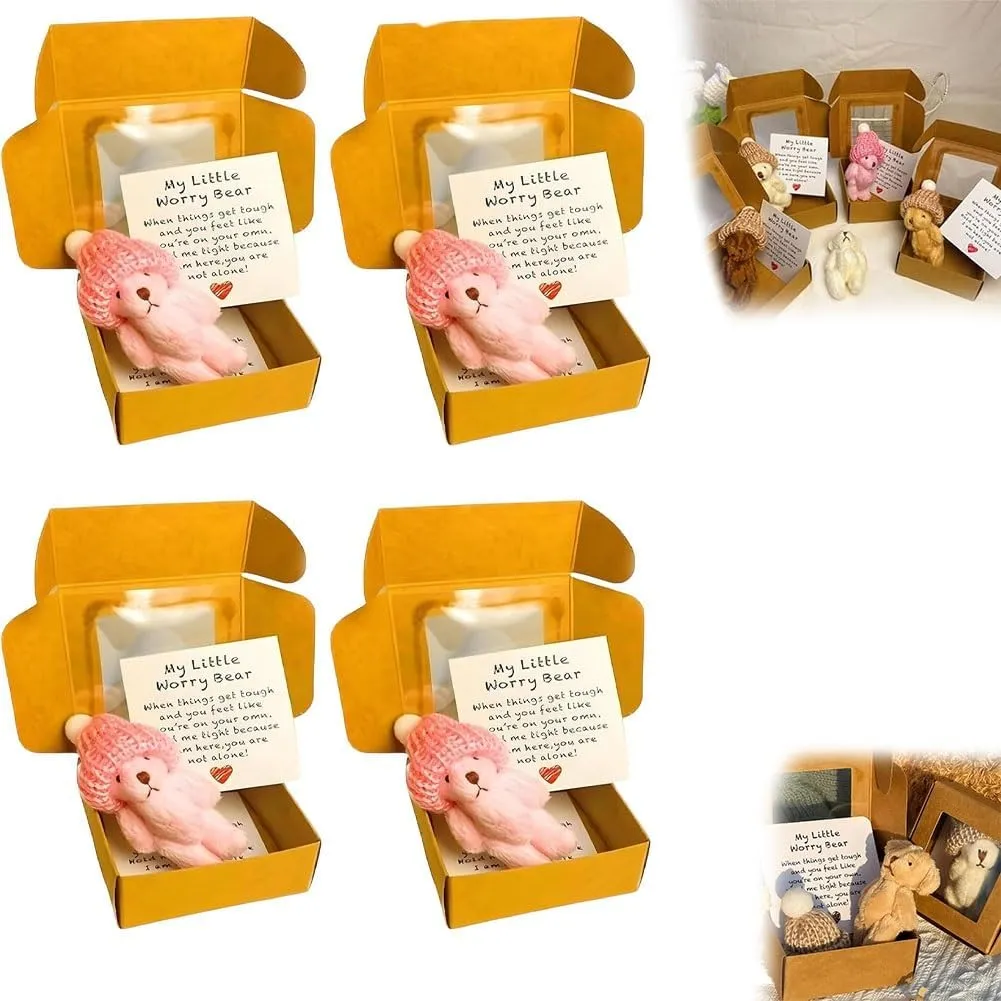 Handmade Mini Plush Bear in Box, Little Bear Set in Box with Inspirational Card, Sympathy Gift for Christmas, Valentine's Day & Mother's Day Desk Accessories Little Pocket Hugging Cute Bears(4PCSC)
