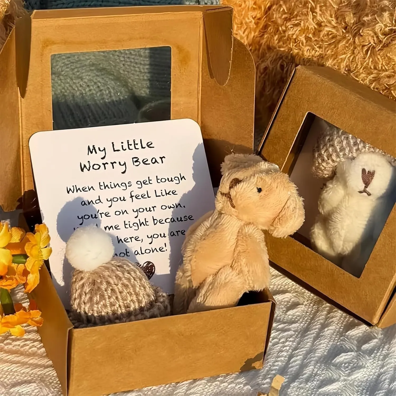 Handmade Mini Plush Bear in Box, Little Bear Set in Box with Inspirational Card, Sympathy Gift for Christmas, Valentine's Day & Mother's Day Desk Accessories Little Pocket Hugging Cute Bears(4PCSC)