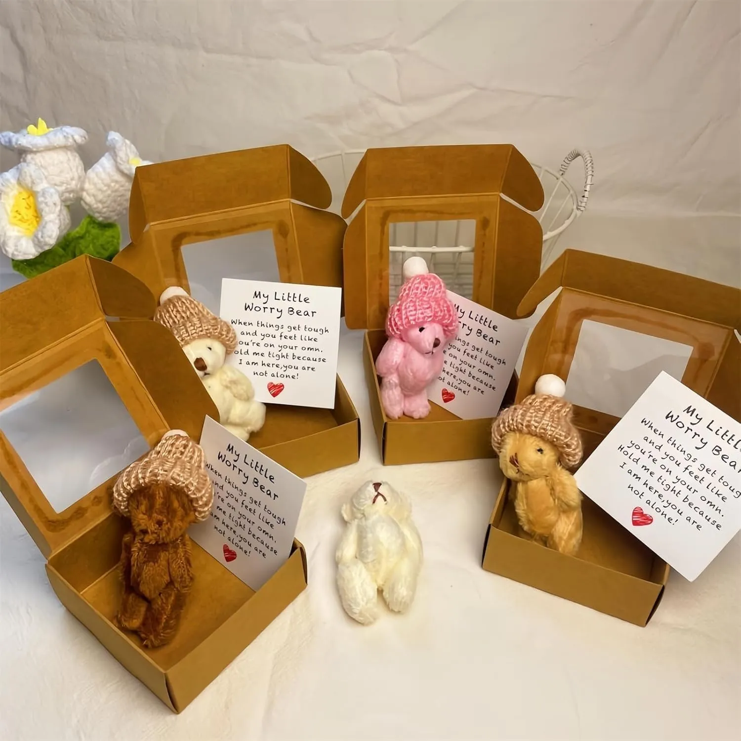 Handmade Mini Plush Bear in Box, Little Bear Set in Box with Inspirational Card, Sympathy Gift for Christmas, Valentine's Day & Mother's Day Desk Accessories Little Pocket Hugging Cute Bears(4PCSC)