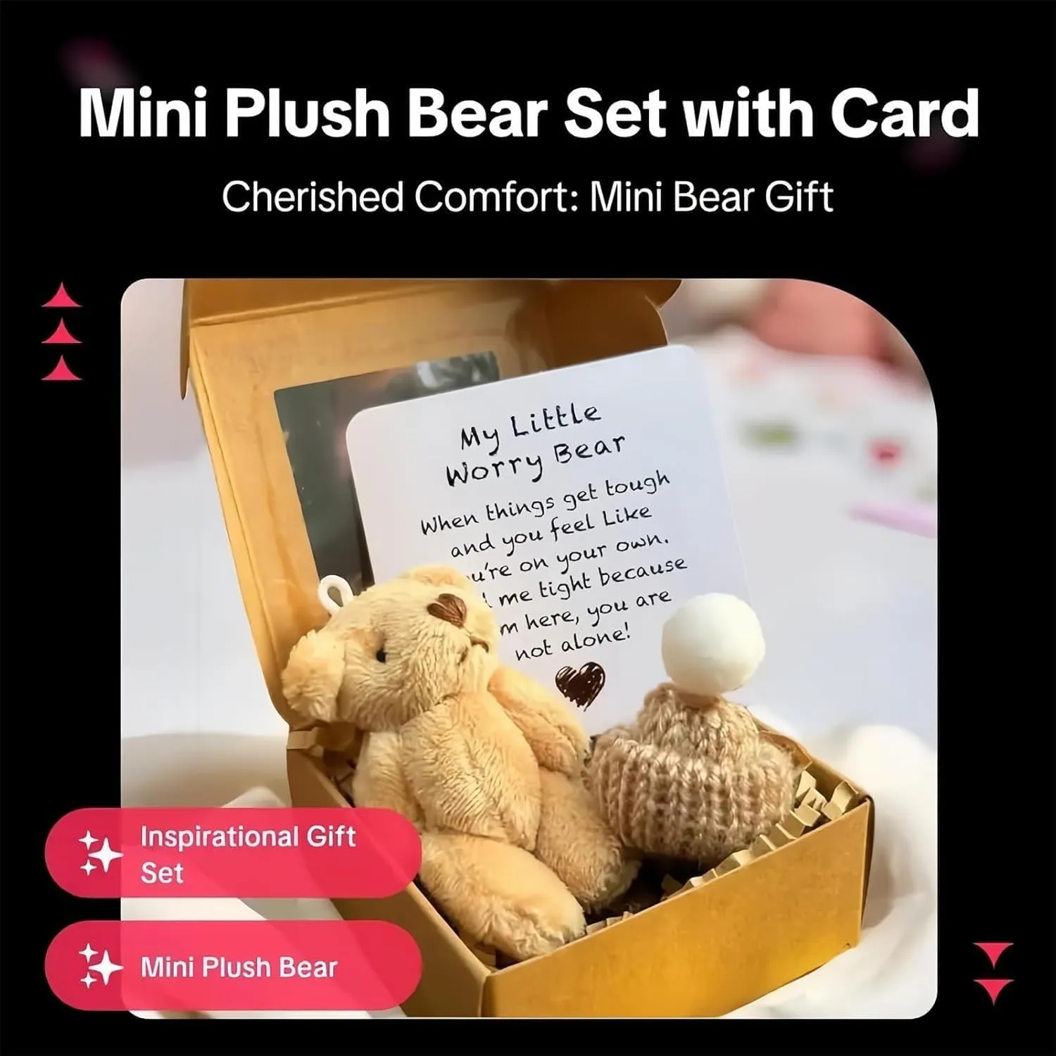 Handmade Mini Plush Bear in Box, Little Bear Set in Box with Inspirational Card, Sympathy Gift for Christmas, Valentine's Day & Mother's Day Desk Accessories Little Pocket Hugging Cute Bears(4PCSC)