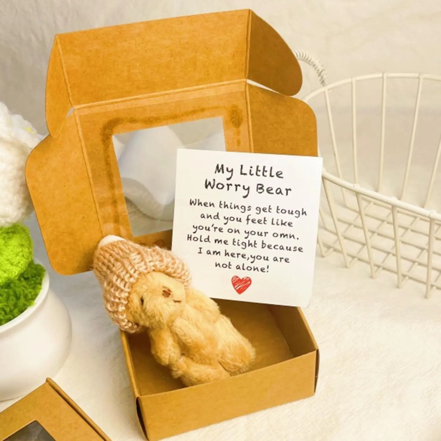 Handmade Mini Plush Bear in Box, Little Bear Set in Box with Inspirational Card, Sympathy Gift for Christmas, Valentine's Day & Mother's Day Desk Accessories Little Pocket Hugging Cute Bears(4PCSC)