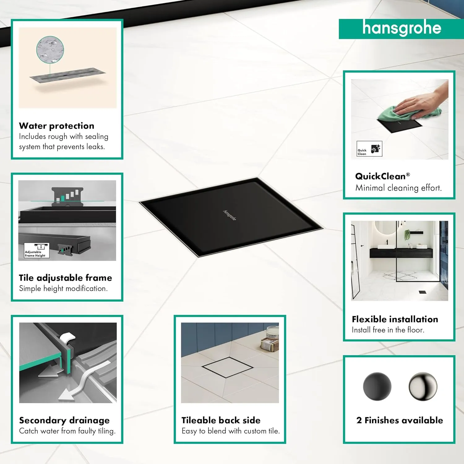 hansgrohe RainDrain Brilliance Square Shower Drain Set with Rough and Tileable Rear Cover in Matte Black, Stainless Steel Shower Floor Drain