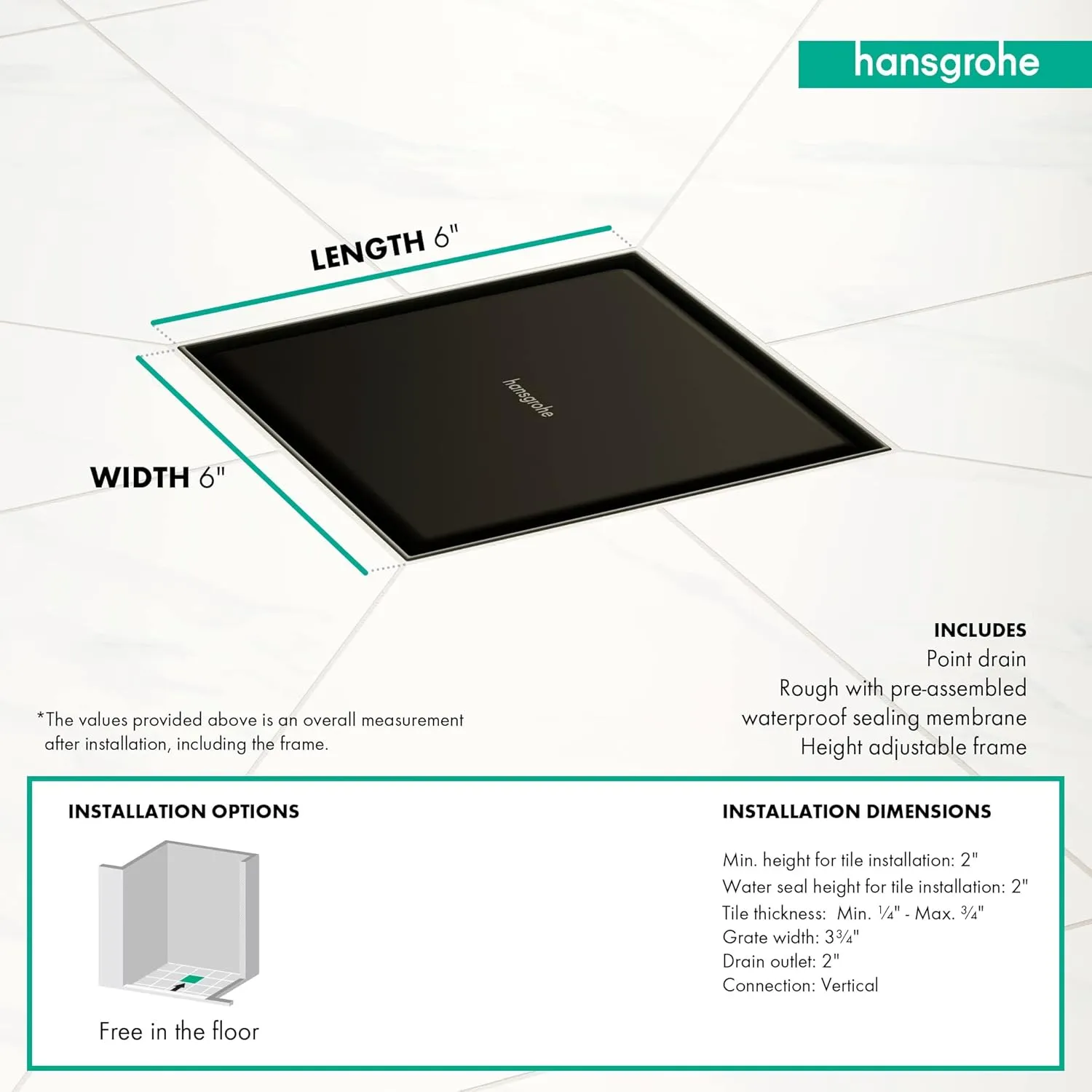 hansgrohe RainDrain Brilliance Square Shower Drain Set with Rough and Tileable Rear Cover in Matte Black, Stainless Steel Shower Floor Drain