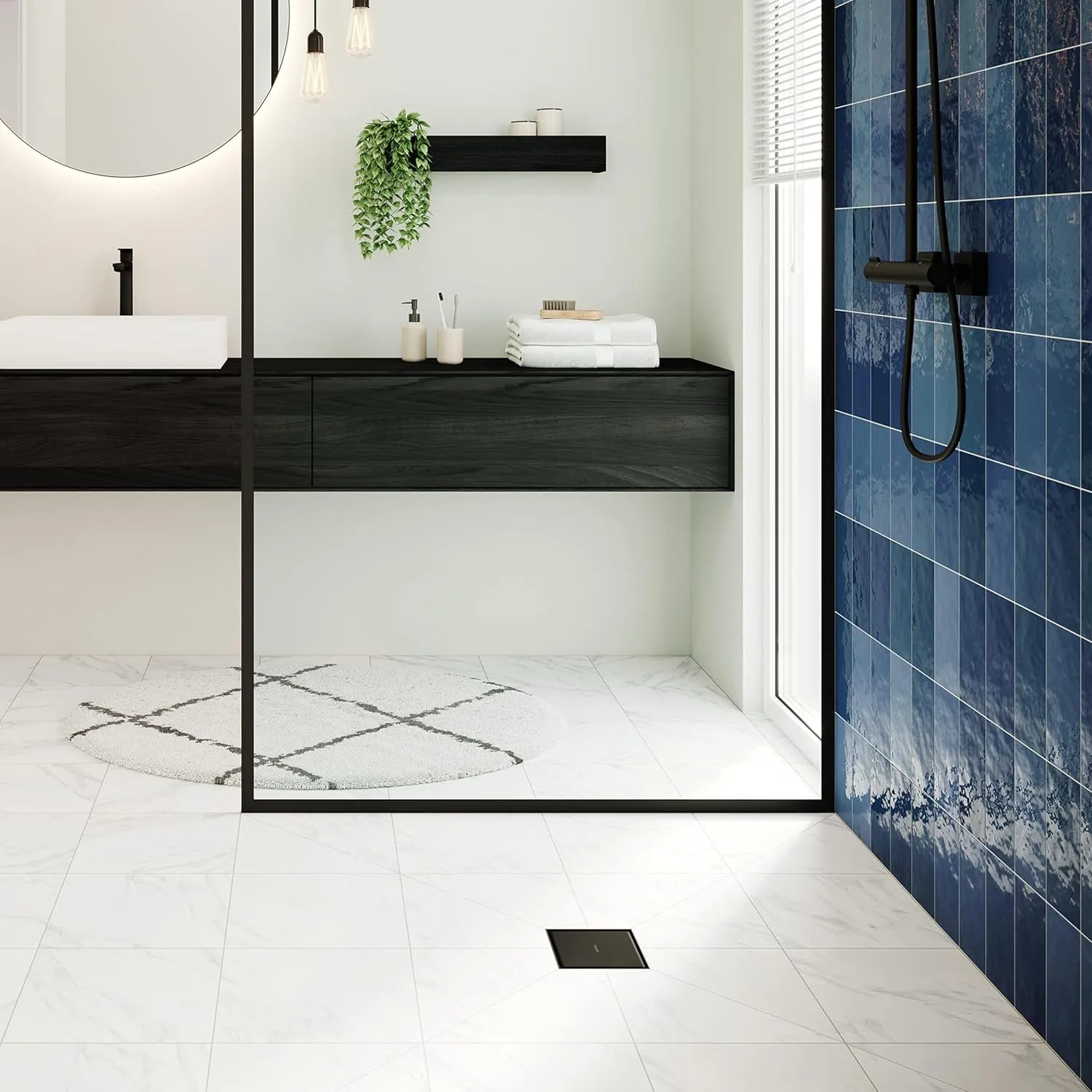 hansgrohe RainDrain Brilliance Square Shower Drain Set with Rough and Tileable Rear Cover in Matte Black, Stainless Steel Shower Floor Drain