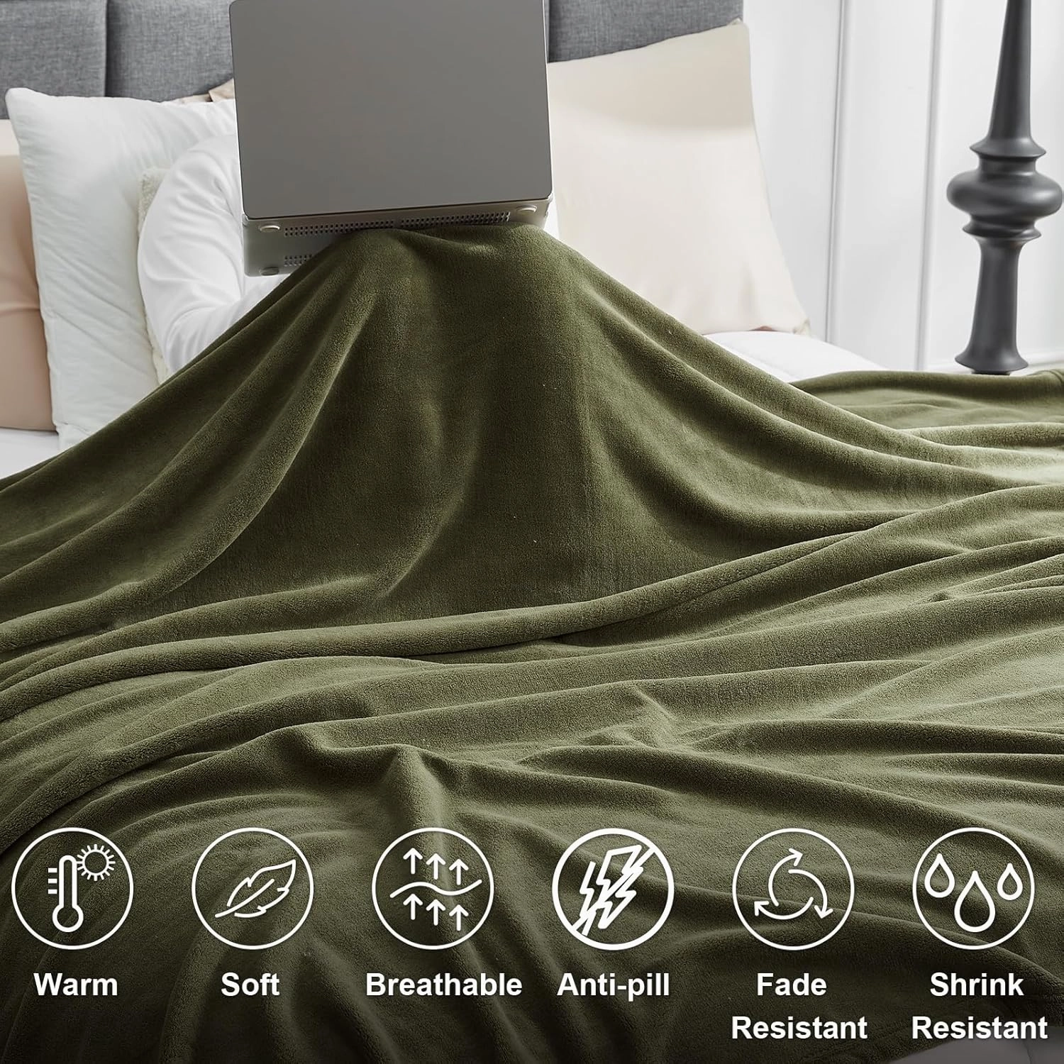 Hansleep Fleece Moss Green Full Blanket, Super Soft Flannel Fuzzy Plush Cozy Blanket for All Seasons, Moss Green, Full 84x90 Inches