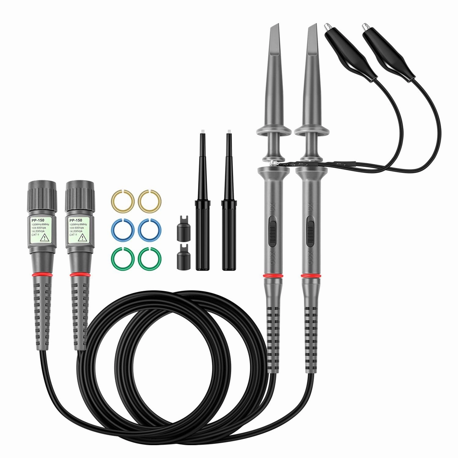 Hantek PP-150 2 PCS X1/X10 100MHz Oscilloscope Scope Clip Probes with Free Accessory Kit Pack for HP Tektronix Hitachi 200V-600V