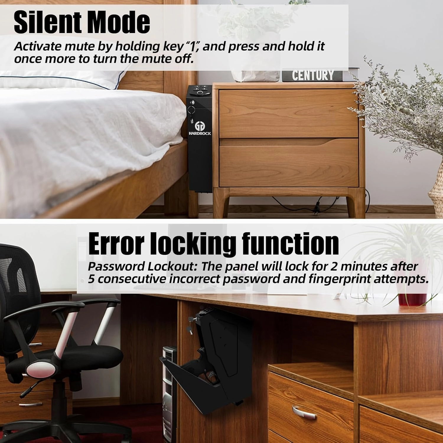 HARDROCK Gun Safe for Pistols, Biometric Wall Mounted Handgun Safe Box for Desk, Bedside,Truck，Drop Down Quick Access Security Safe with Fingerprint Keypad Lock for Home nightstand