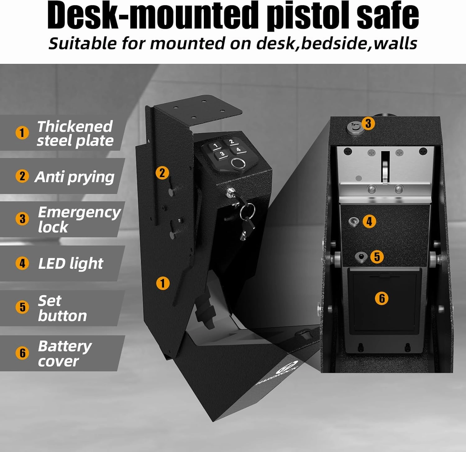 HARDROCK Gun Safe for Pistols, Biometric Wall Mounted Handgun Safe Box for Desk, Bedside,Truck，Drop Down Quick Access Security Safe with Fingerprint Keypad Lock for Home nightstand