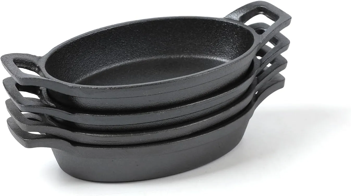 HAWOK Cast Iron Mini Oval Serving Dishes with a Storage Bag, Oval-shaped Casserole Dishes, 4 PCS