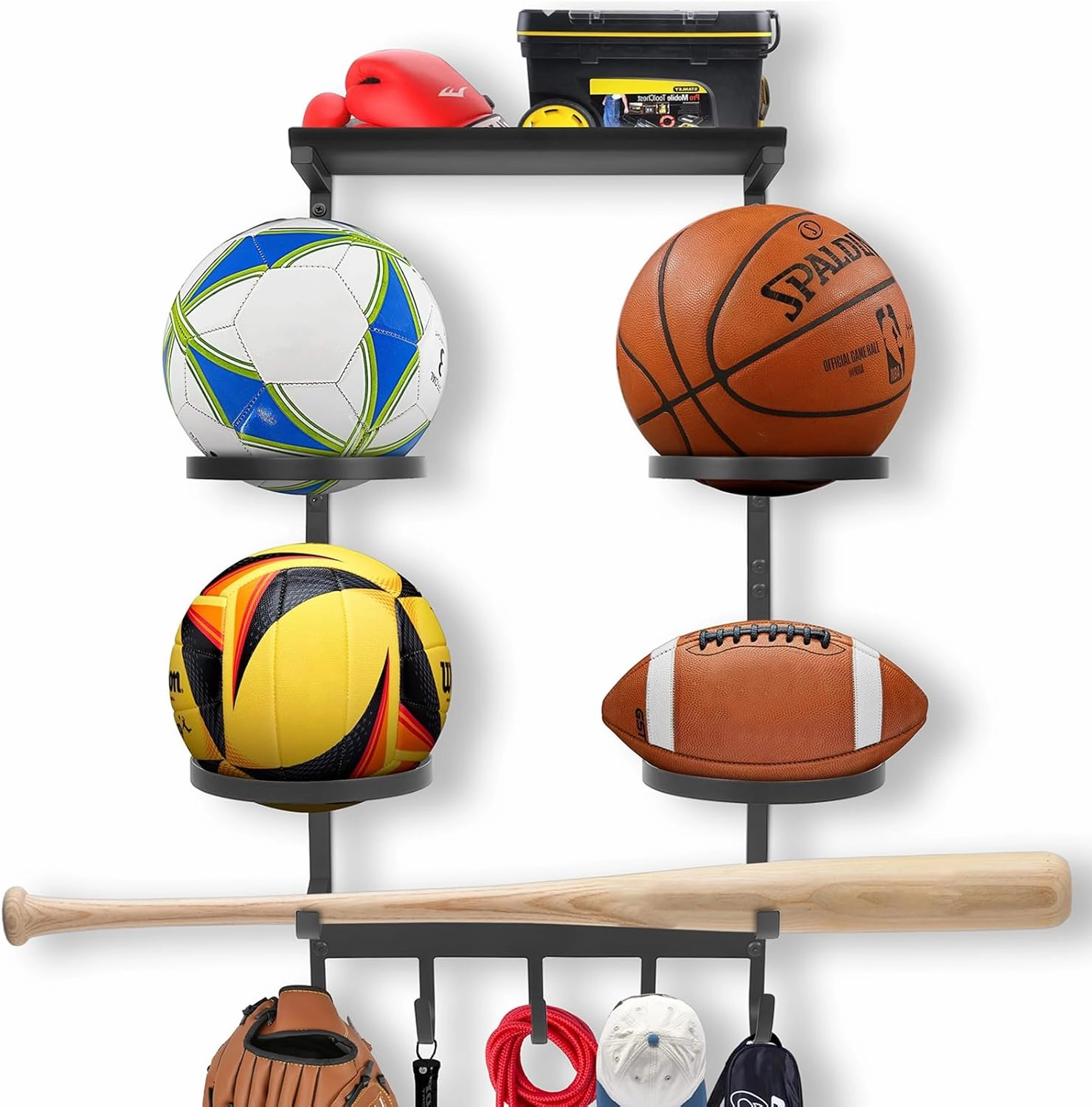 Heavy Duty Basketball Holder, Wall Mount Ball Display Storage, Adjustable Metal Sport Rack with 5 Hooks for Garage, Gym, Indoor & Outdoor Sports Equipment Organizer