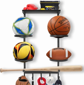 Heavy Duty Basketball Holder, Wall Mount Ball Display Storage, Adjustable Metal Sport Rack with 5 Hooks for Garage, Gym, Indoor & Outdoor Sports Equipment Organizer