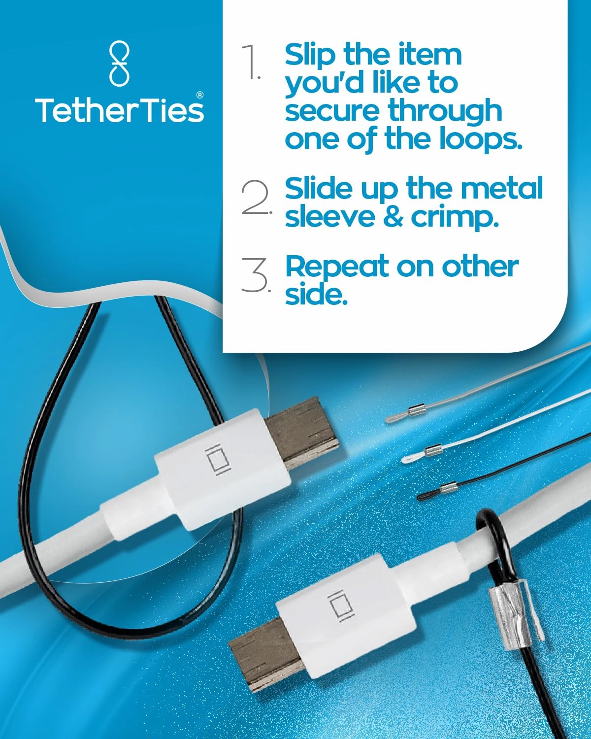 Heavy Duty Cable Lock: A Tamper-Resistant, Pre-Assembled Stainless Cable Tether Kit for Computers, Adapters & Dongles - Includes a Free Crimping Tool for Easy Installation (Black, 10 Pack)
