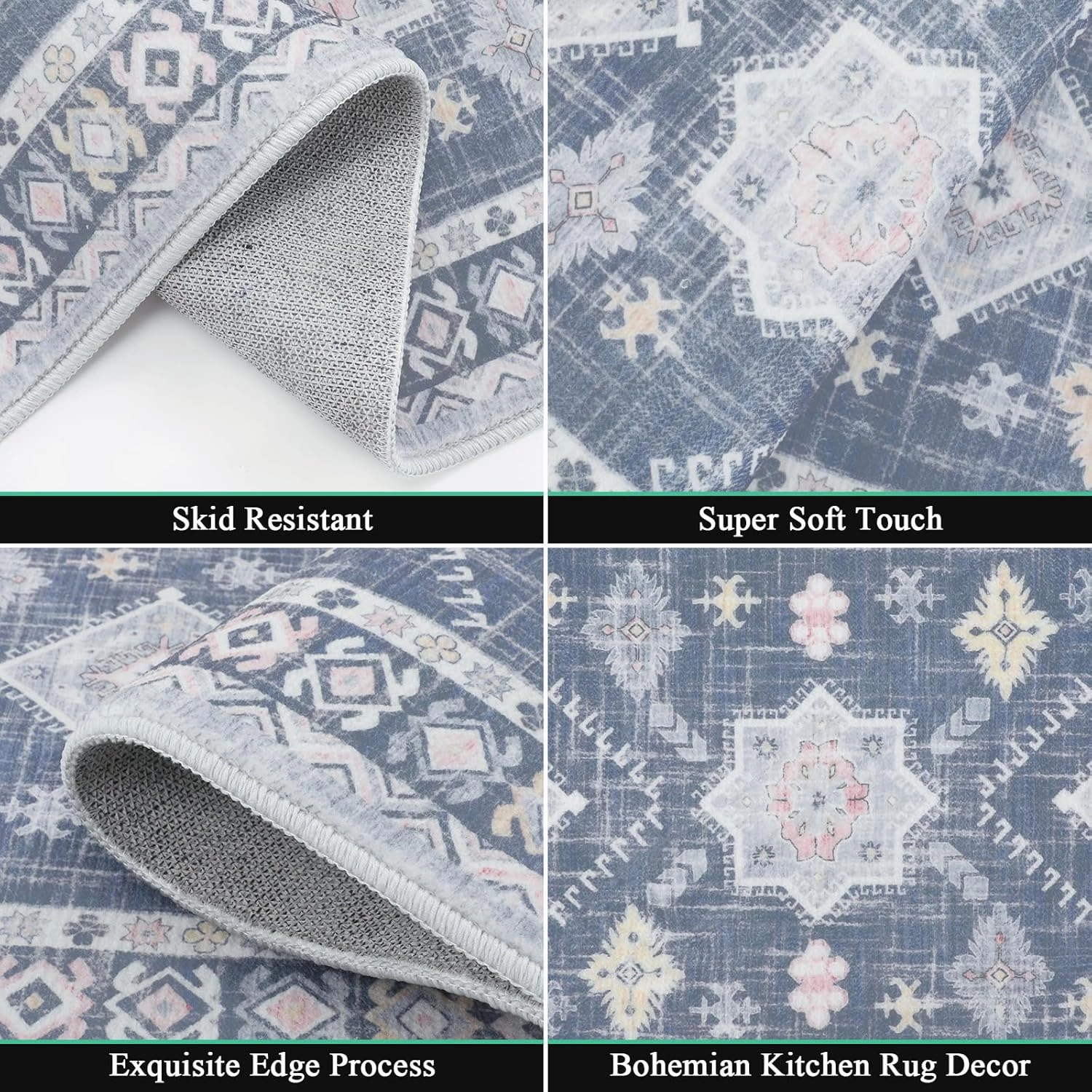 HEBE Boho Kitchen Rug Sets 3 Piece with Runner Non Slip Kitchen Rugs and Mats Washable Kitchen Mats for Floor Thick Kitchen Floor Mat Carpet Runner Rugs for Hallway Laundry Holiday Decor