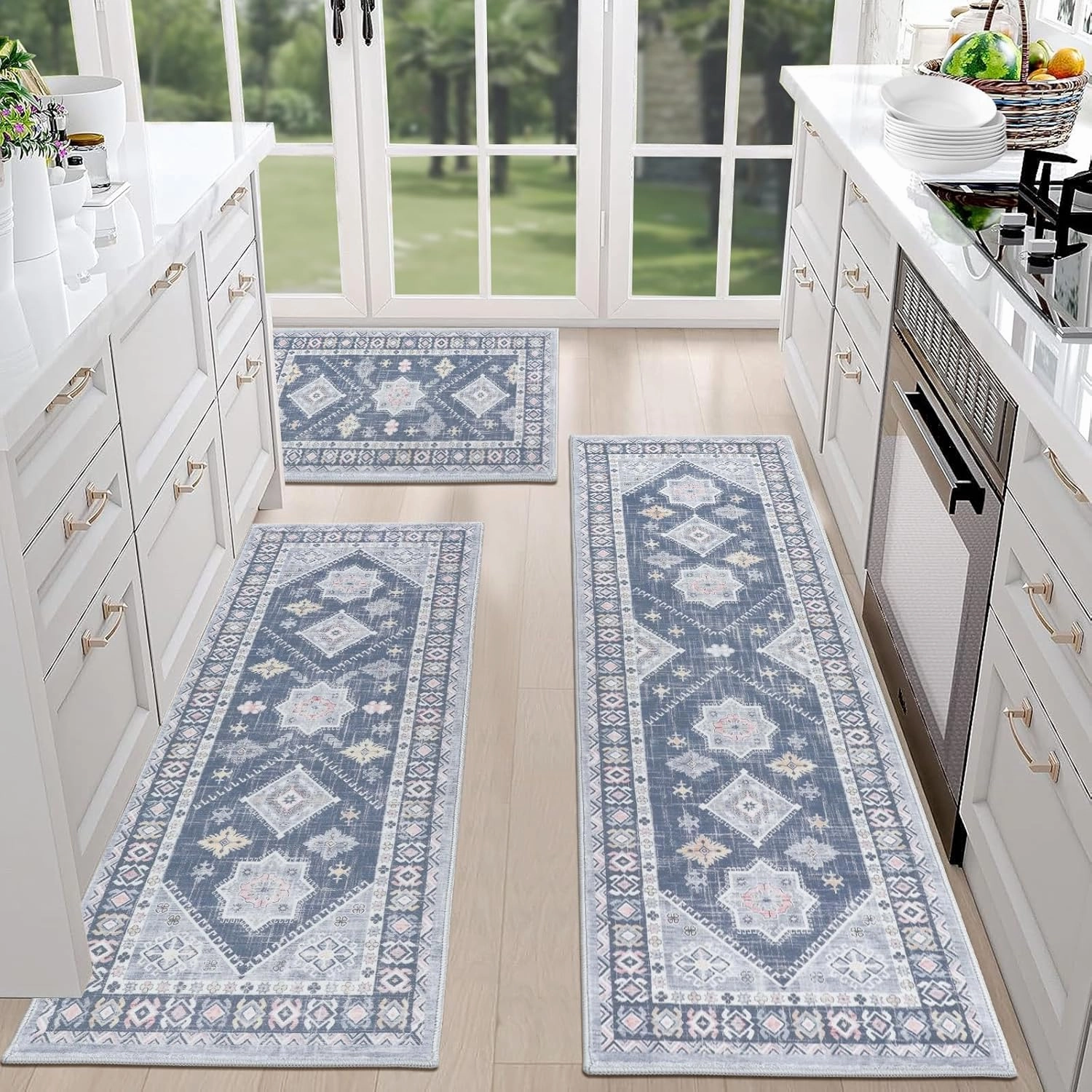 HEBE Boho Kitchen Rug Sets 3 Piece with Runner Non Slip Kitchen Rugs and Mats Washable Kitchen Mats for Floor Thick Kitchen Floor Mat Carpet Runner Rugs for Hallway Laundry Holiday Decor