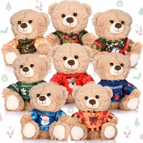 Hiboom 8 Pcs Christmas Plush Bear 10 Inch Stuffed Animal Gift Bulk with Removable Clothes Cuddly Soft Brown Xmas Bear Plush Toy for Kids Baby Shower Xmas Wedding Birthday Party Gift