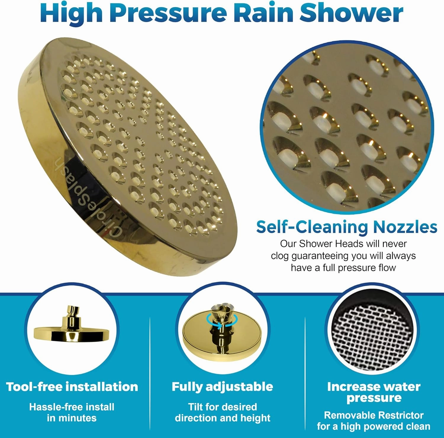 High Pressure Shower Head - Anti-Clogging Silicone Nozzles - 2.5 GPM Removable Restrictor - Easy to Clean Adjustable Replacement - easy to install with Plumbers Tape - 6 inch - Elegant Gold Finish