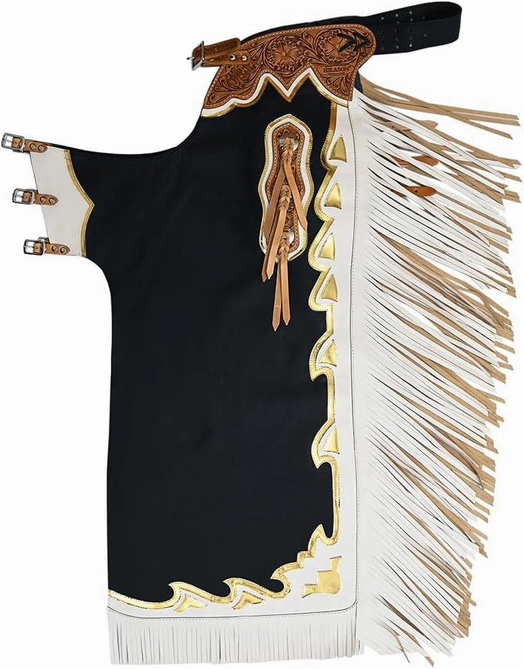 HILASON Bull Riding Chaps de Cuero genuino Rodeo Western Black Base | Leather Bull Riding Chaps for Men and Women | Bull Riding Chaps | Western Chaps Leather | Unisex Riding Chaps
