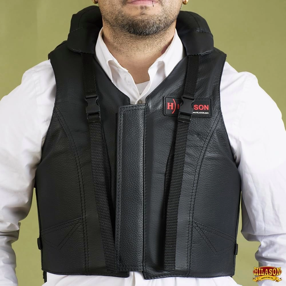 HILASON Safety Tall Collar Bull Riding Vest Protective Leather Black |Equestrian Protective Vest |Unisex Vest |Rodeo Vest