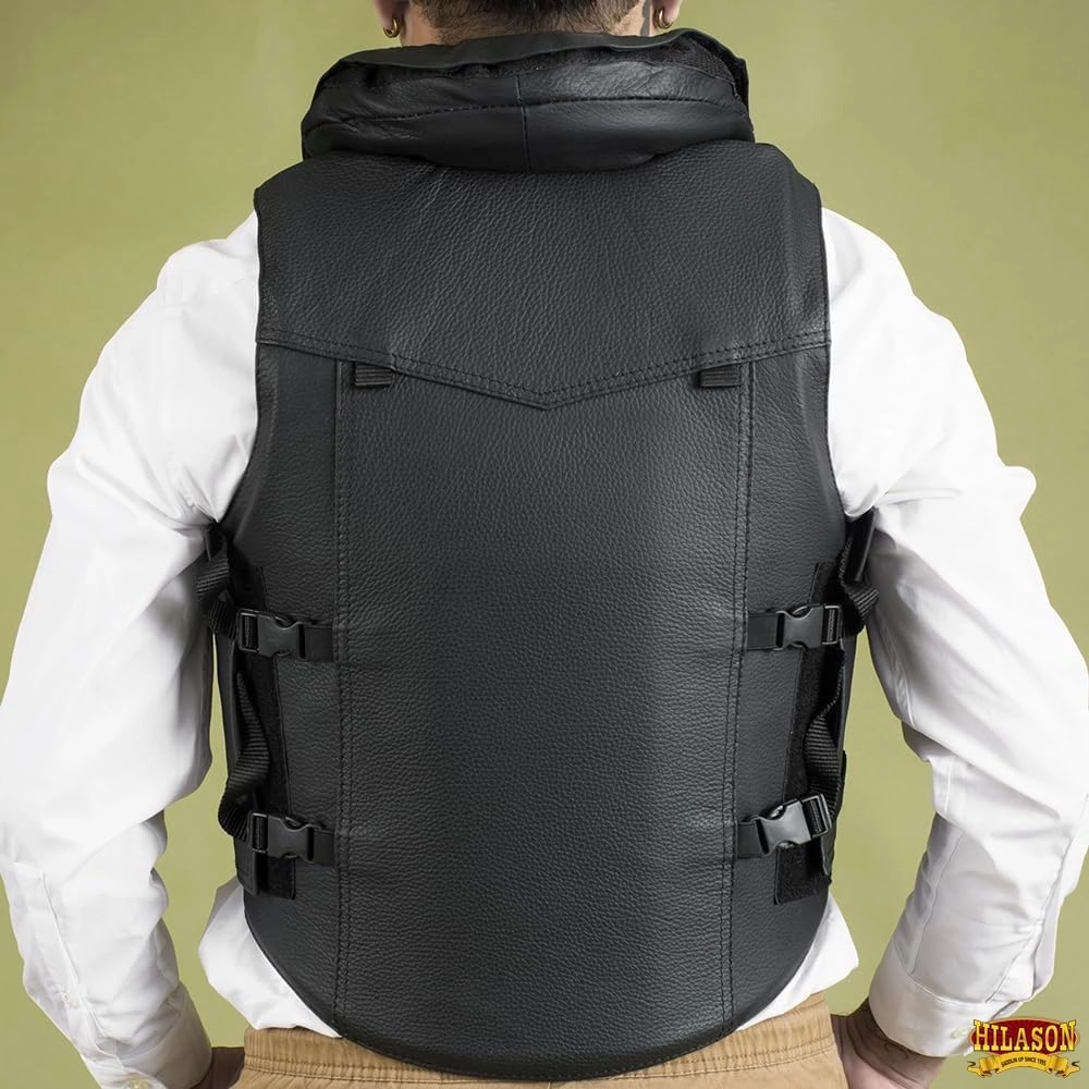 HILASON Safety Tall Collar Bull Riding Vest Protective Leather Black |Equestrian Protective Vest |Unisex Vest |Rodeo Vest