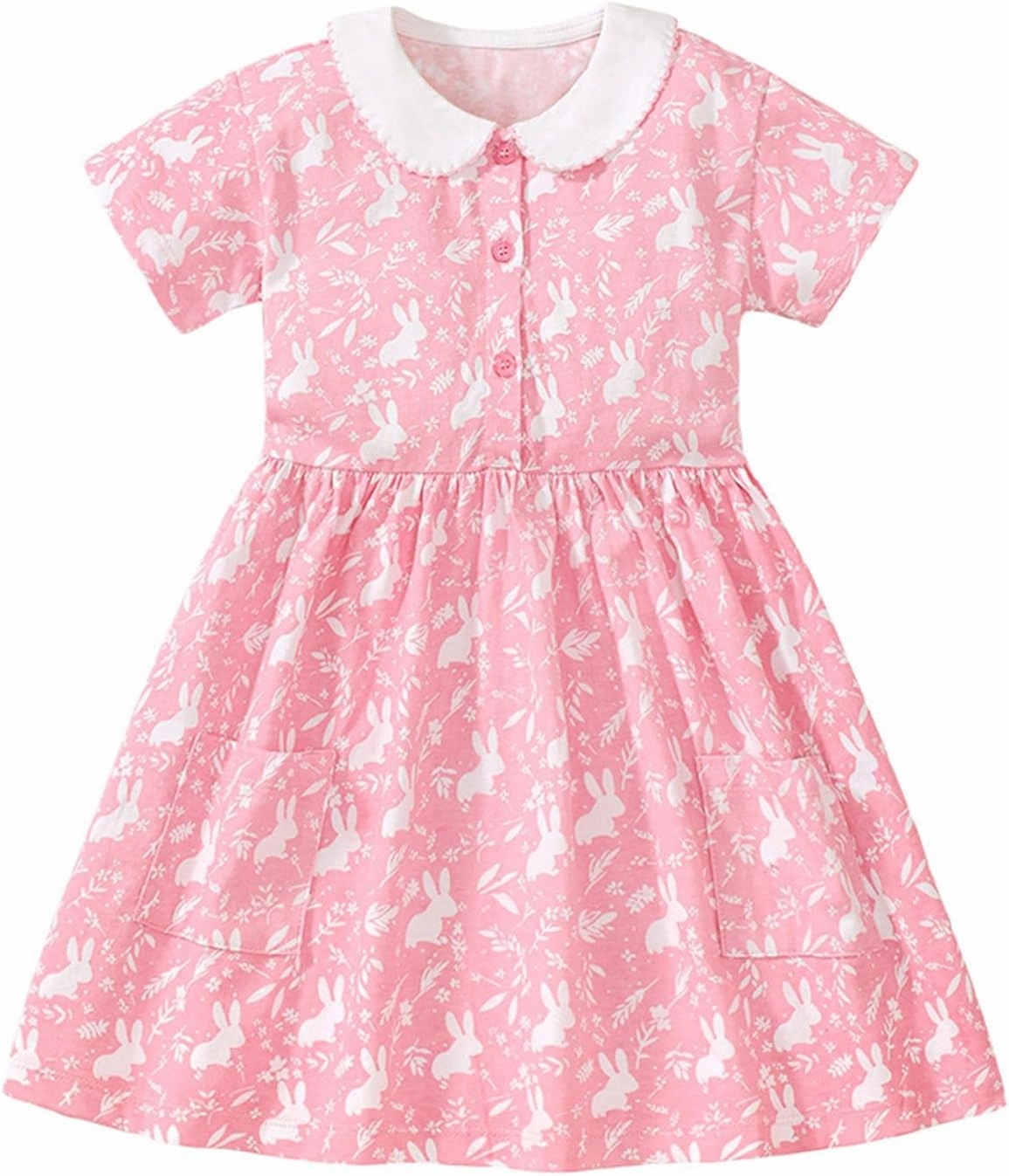 HILEELANG Toddler Girl Short Sleeve Dress Cotton Casual Spring Summer Easter Applique Playwear Dresse Size 2-8 Yeras