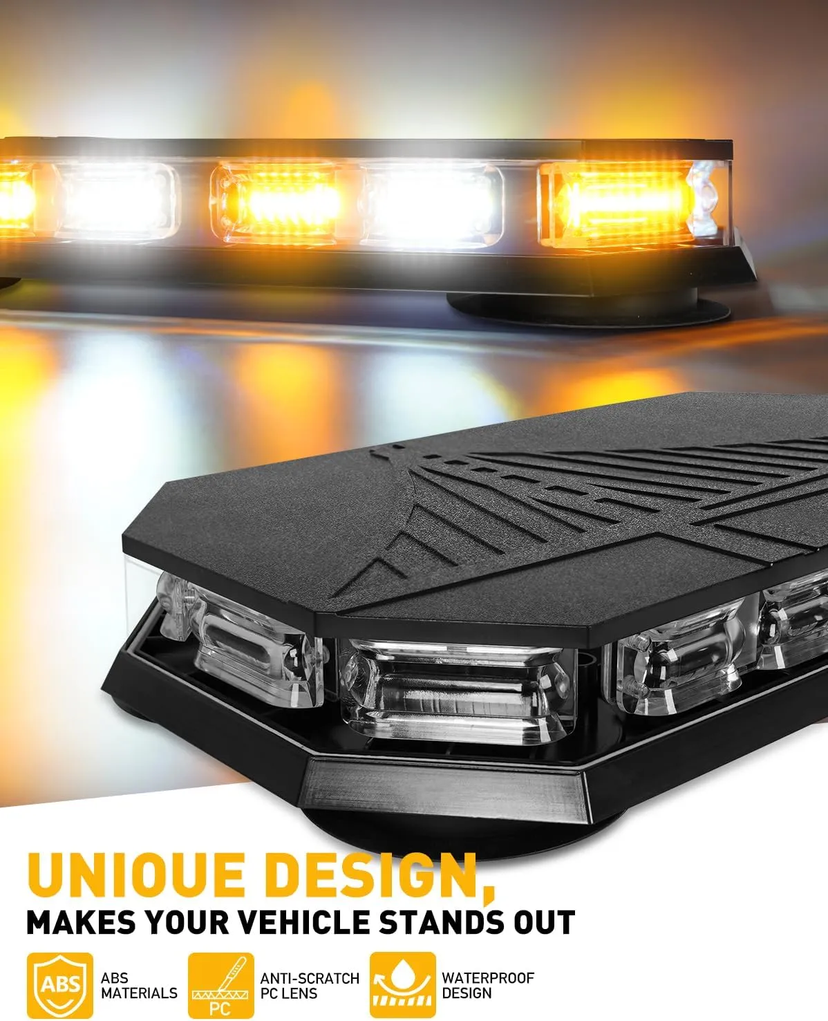 HLauto 406D Rooftop Emergency Strobe Lights Bar, 102 LED Amber White Mini Beacon Safety Flashing Warning Traffic Lights Bar w/Magnetic Base for 12-24V Trucks, Construction Vehicles, Snowplow, Cars