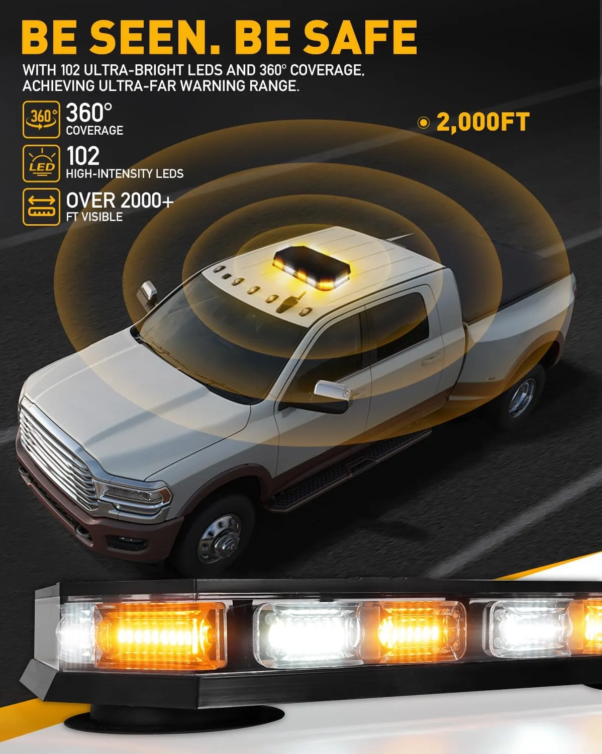 HLauto 406D Rooftop Emergency Strobe Lights Bar, 102 LED Amber White Mini Beacon Safety Flashing Warning Traffic Lights Bar w/Magnetic Base for 12-24V Trucks, Construction Vehicles, Snowplow, Cars