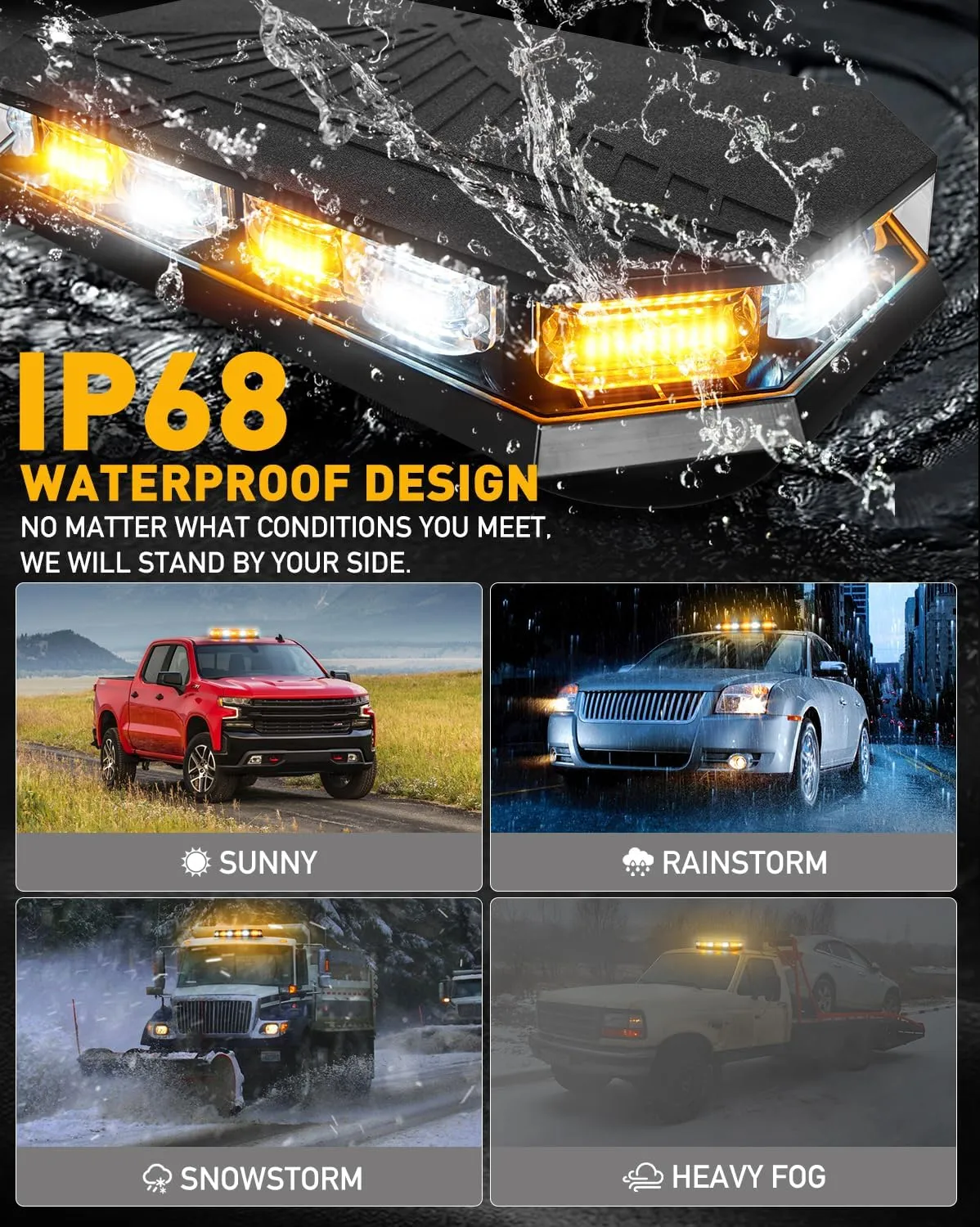 HLauto 406D Rooftop Emergency Strobe Lights Bar, 102 LED Amber White Mini Beacon Safety Flashing Warning Traffic Lights Bar w/Magnetic Base for 12-24V Trucks, Construction Vehicles, Snowplow, Cars