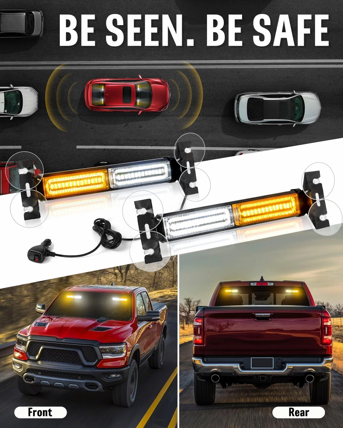 HLauto 1002L Emergency Strobe Traffic Advisor Light Bar: 40 LED Dash Safety Warning Flashing Light, Front/Rear Windshield Visor for Construction Vehicle, Tow/Plow Truck (2x10.7inch, Amber White)