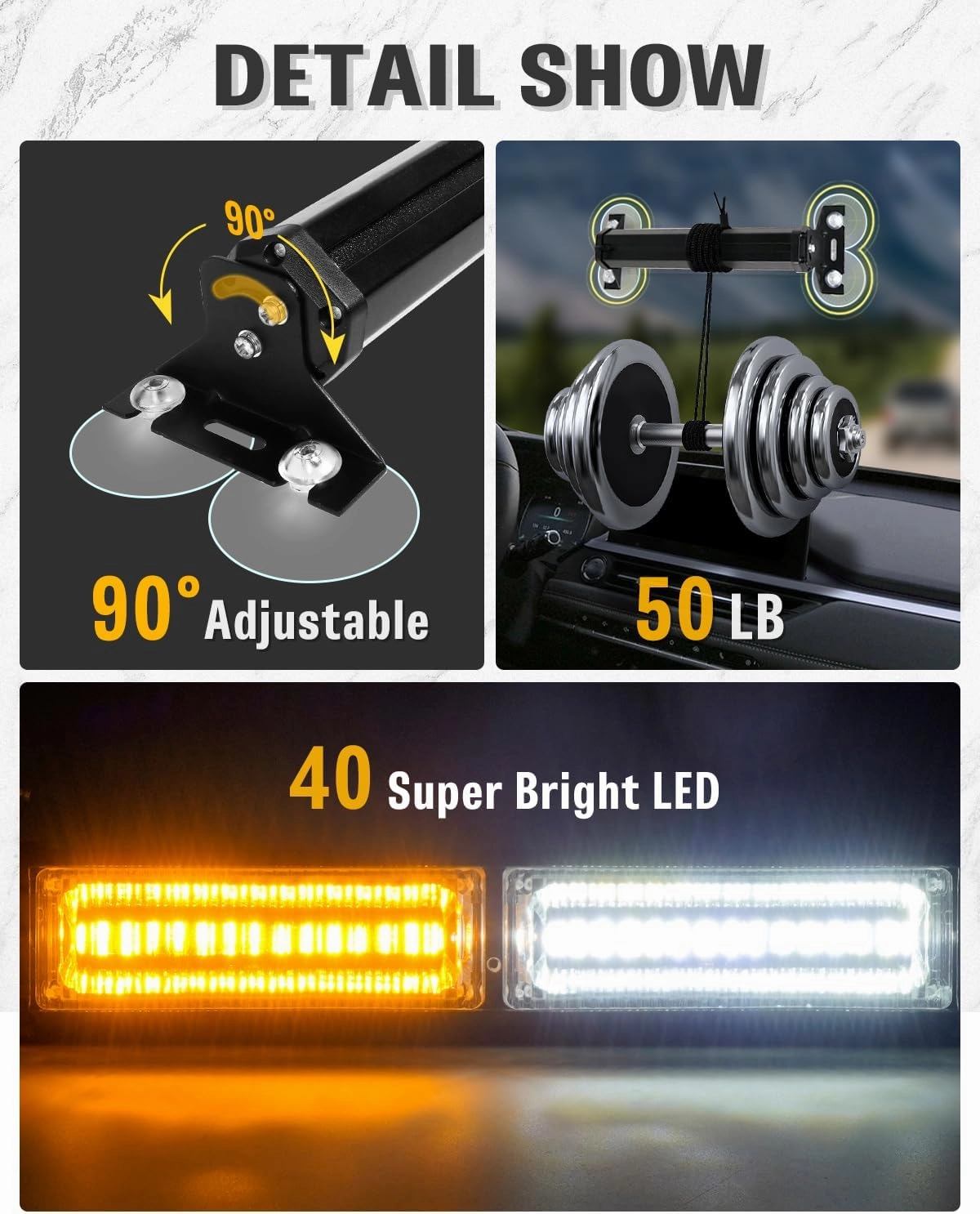 HLauto 1002L Emergency Strobe Traffic Advisor Light Bar: 40 LED Dash Safety Warning Flashing Light, Front/Rear Windshield Visor for Construction Vehicle, Tow/Plow Truck (2x10.7inch, Amber White)