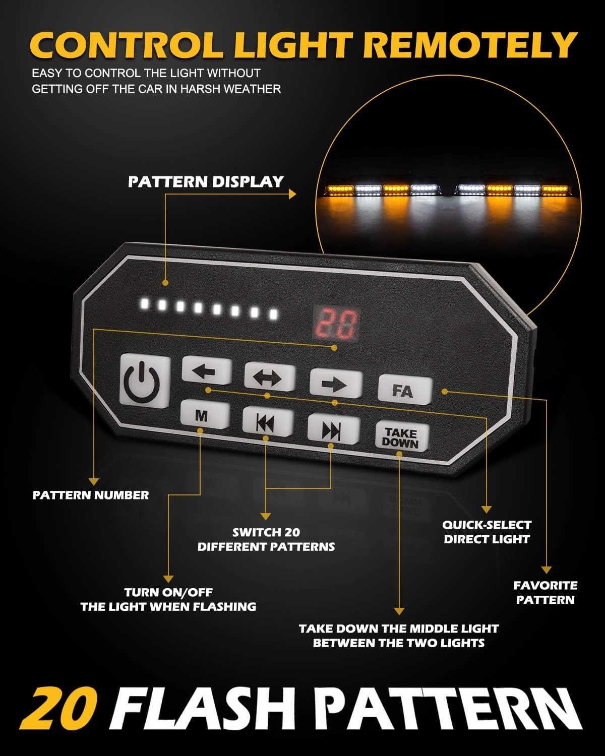 HLauto 604N Emergency Dash Strobe Lights w/Controller: 2x16.8 inch Amber White Security Light w/Take Down, 48 LED Safety Flashing Warning Hazard Interior Windshield Light Bar for Truck Vehicle