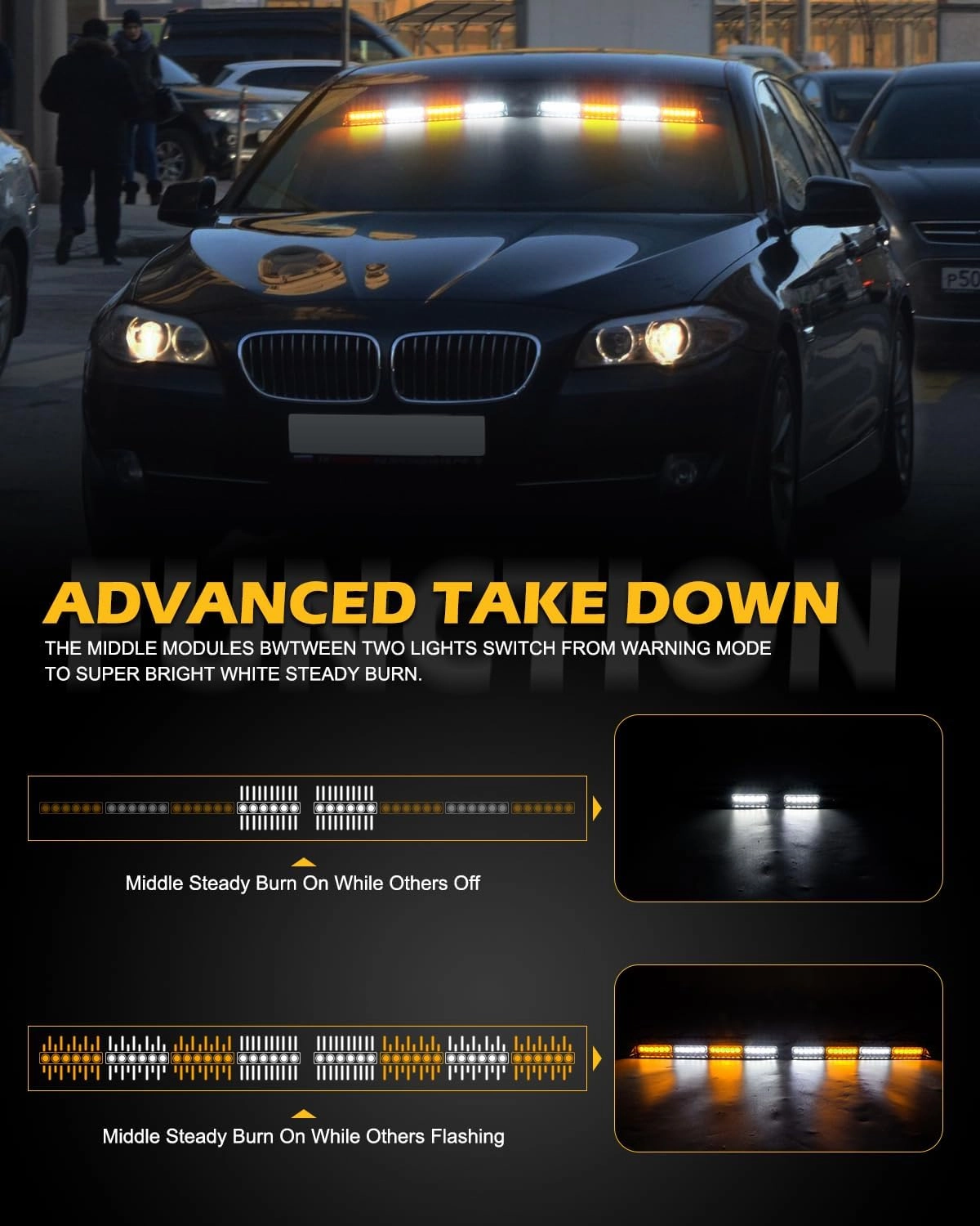 HLauto 604N Emergency Dash Strobe Lights w/Controller: 2x16.8 inch Amber White Security Light w/Take Down, 48 LED Safety Flashing Warning Hazard Interior Windshield Light Bar for Truck Vehicle