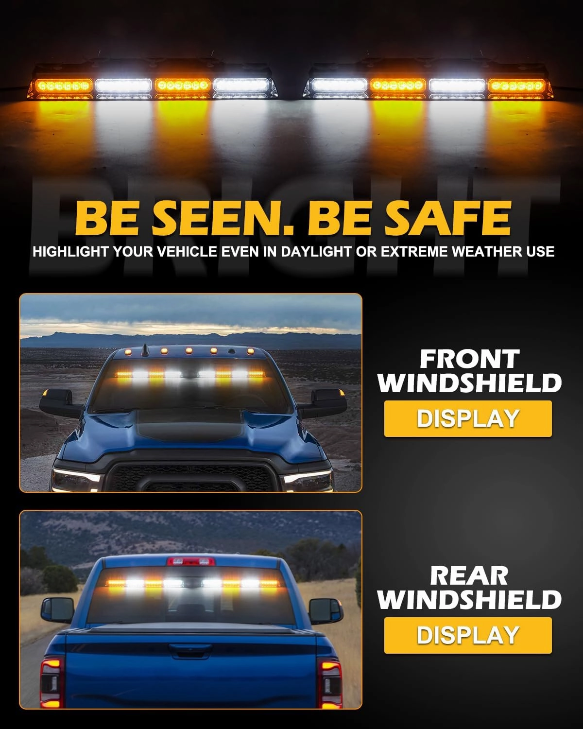 HLauto 604N Emergency Dash Strobe Lights w/Controller: 2x16.8 inch Amber White Security Light w/Take Down, 48 LED Safety Flashing Warning Hazard Interior Windshield Light Bar for Truck Vehicle