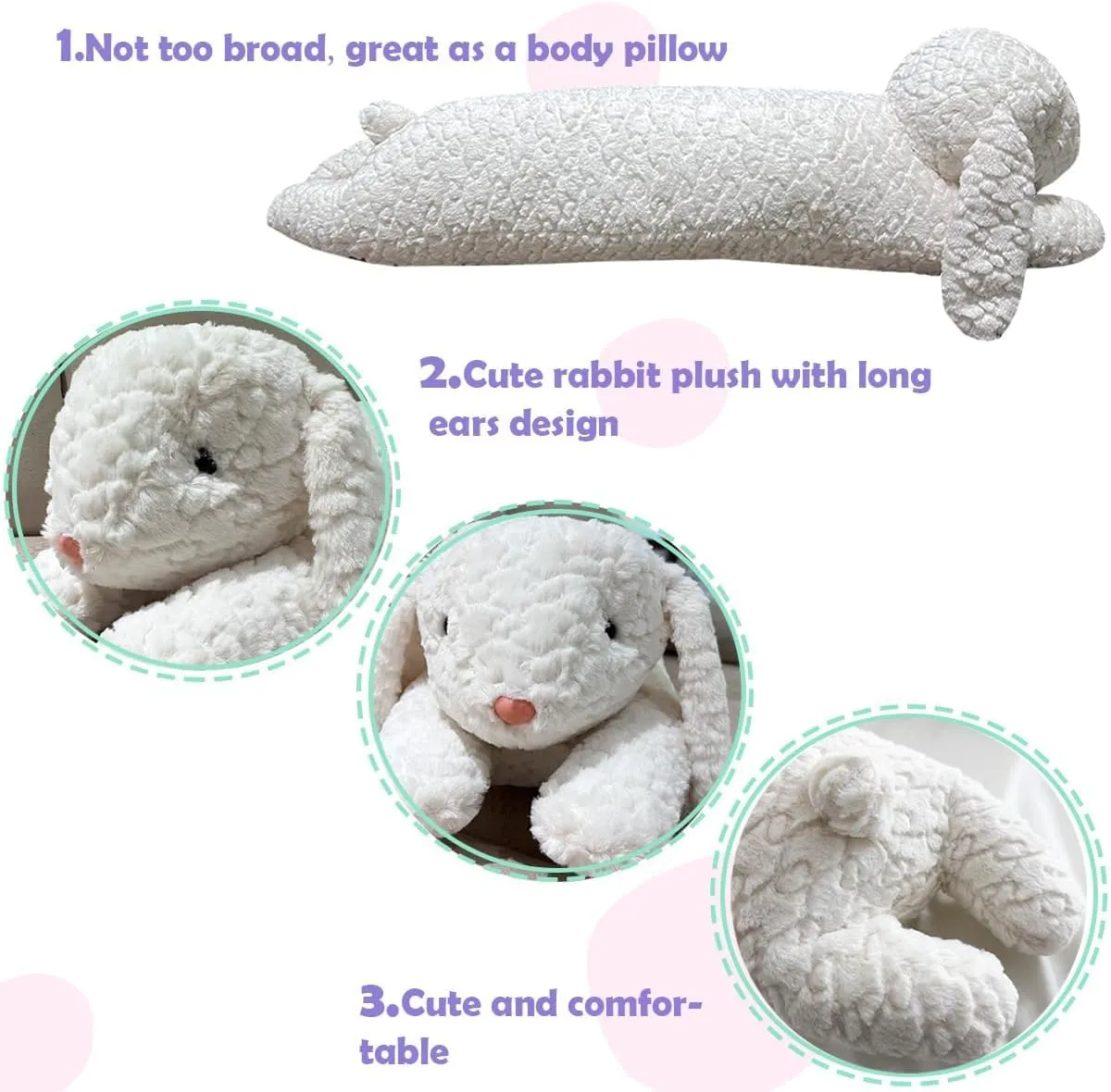 Hofun4U Rabbit Plush Pillow, Rabbit Stuffed Animal, Rabbit Plush Long Body Pillow for Kids Adults (White,35 inch)