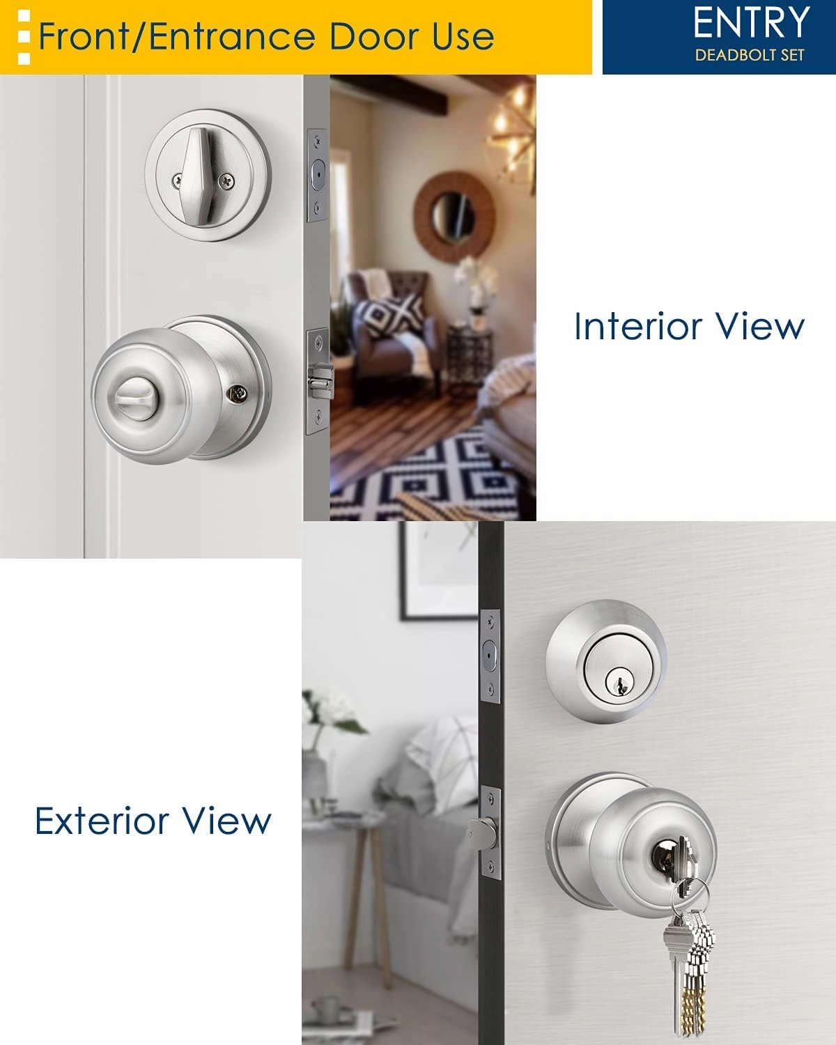 home improvement direct 3 Pack Entry Door Knob and Single Cylinder Deadbolt Combo Satin Nickel, Keyed Alike Entry Knob and Deadbolt Lock