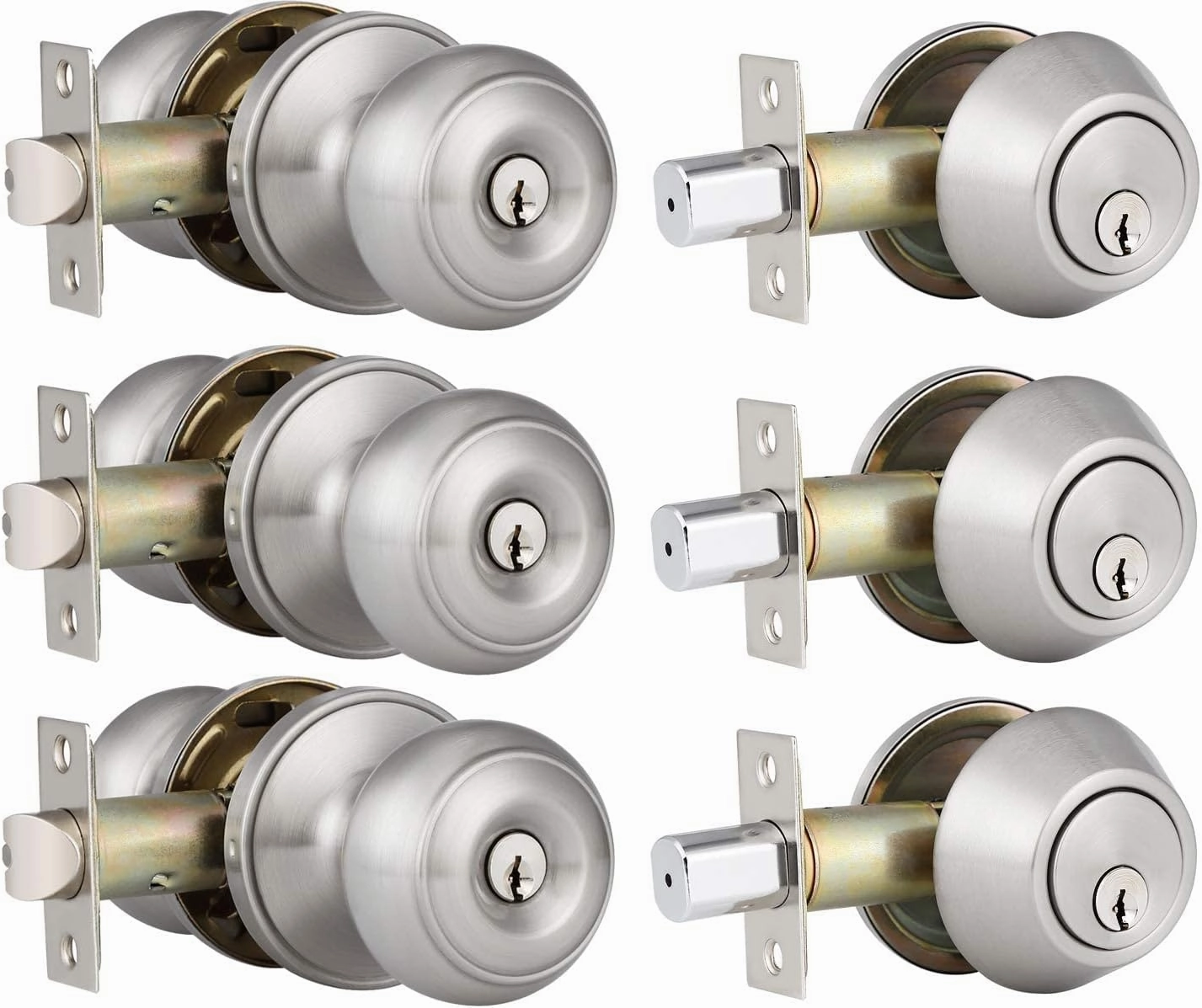 home improvement direct 3 Pack Entry Door Knob and Single Cylinder Deadbolt Combo Satin Nickel, Keyed Alike Entry Knob and Deadbolt Lock