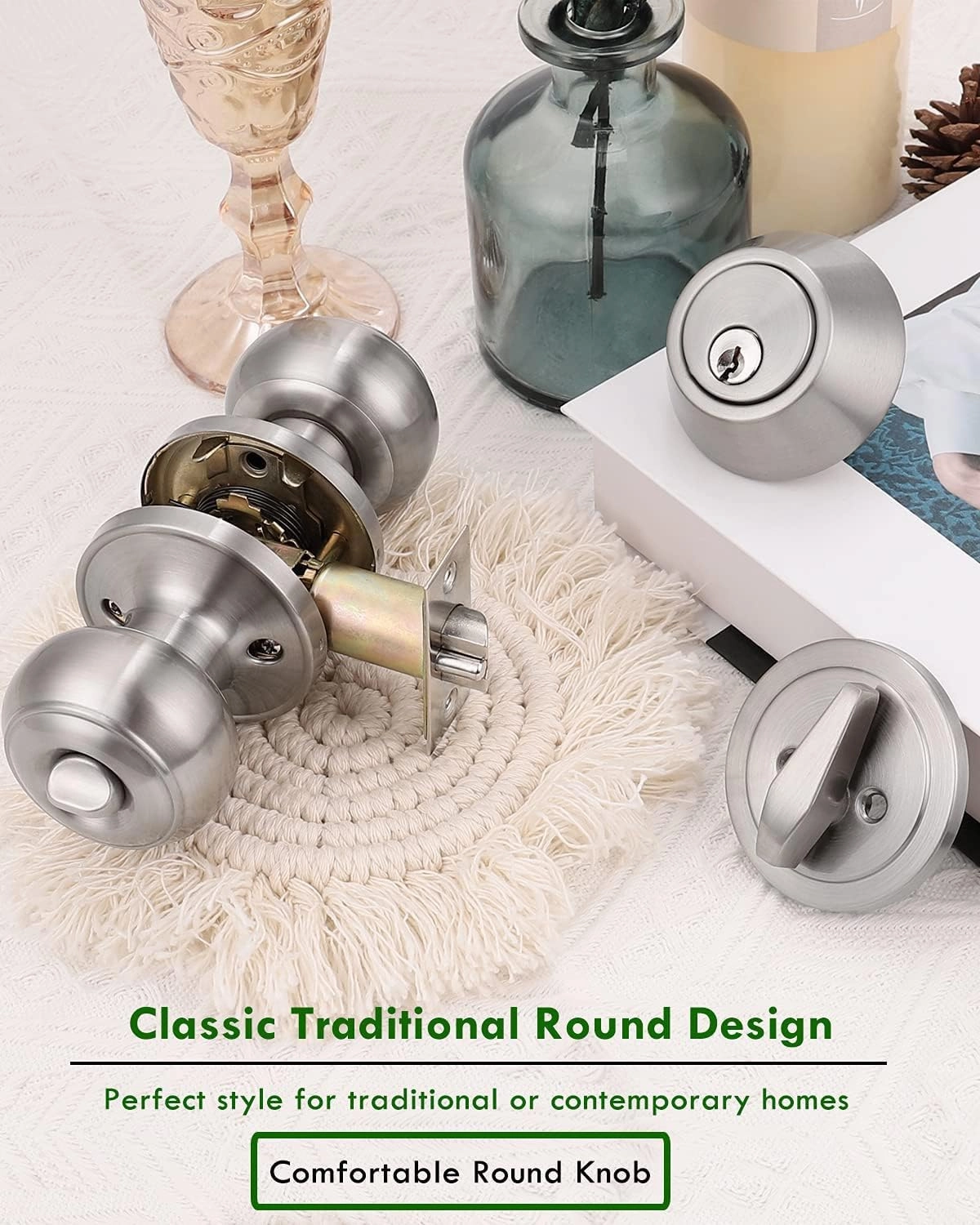 home improvement direct 3 Pack Entry Door Knob and Single Cylinder Deadbolt Combo Satin Nickel, Keyed Alike Entry Knob and Deadbolt Lock