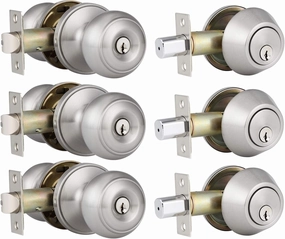 home improvement direct 3 Pack Entry Door Knob and Single Cylinder Deadbolt Combo Satin Nickel, Keyed Alike Entry Knob and Deadbolt Lock