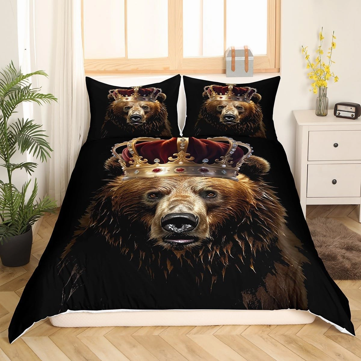 Homewish Rustic Bear Bedding Set Twin Size,3D Brown Fur Animal Golden Crown Comforter Cover Set for Kids Girls,African Tropical Wildlife Black Bedding Quilt Cover Set Bedroom Decor, 2 Pcs