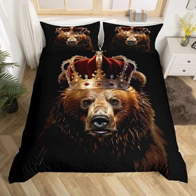 Homewish Rustic Bear Bedding Set Twin Size,3D Brown Fur Animal Golden Crown Comforter Cover Set for Kids Girls,African Tropical Wildlife Black Bedding Quilt Cover Set Bedroom Decor, 2 Pcs