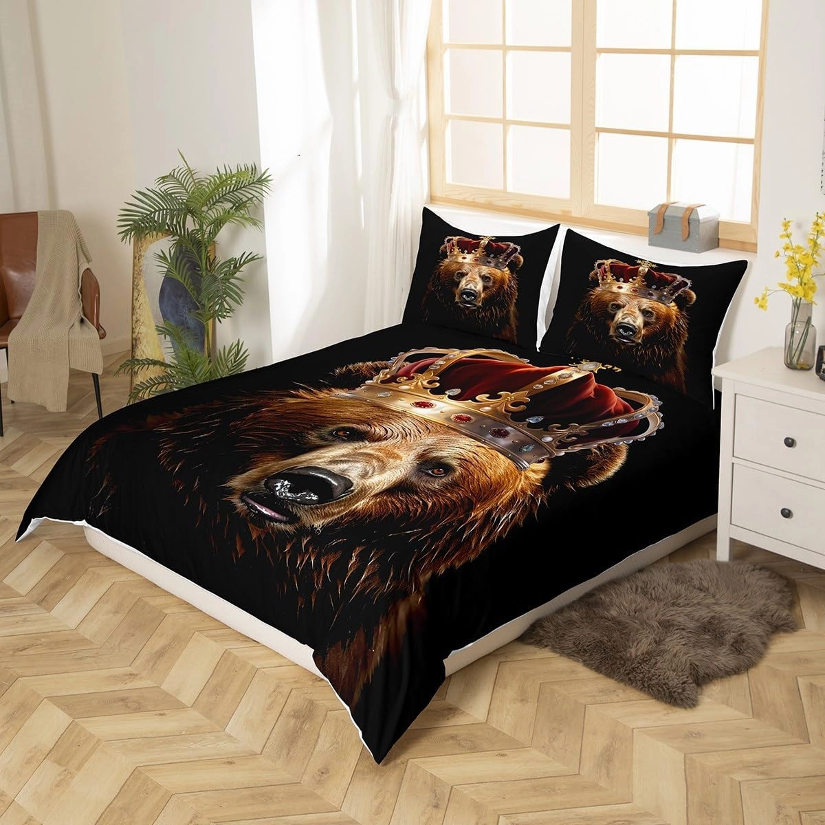 Homewish Rustic Bear Bedding Set Twin Size,3D Brown Fur Animal Golden Crown Comforter Cover Set for Kids Girls,African Tropical Wildlife Black Bedding Quilt Cover Set Bedroom Decor, 2 Pcs