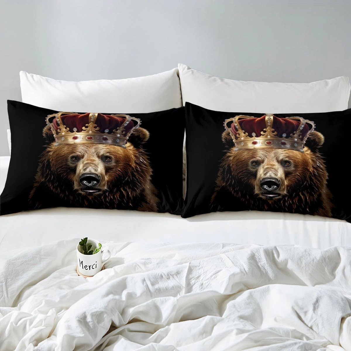 Homewish Rustic Bear Bedding Set Twin Size,3D Brown Fur Animal Golden Crown Comforter Cover Set for Kids Girls,African Tropical Wildlife Black Bedding Quilt Cover Set Bedroom Decor, 2 Pcs