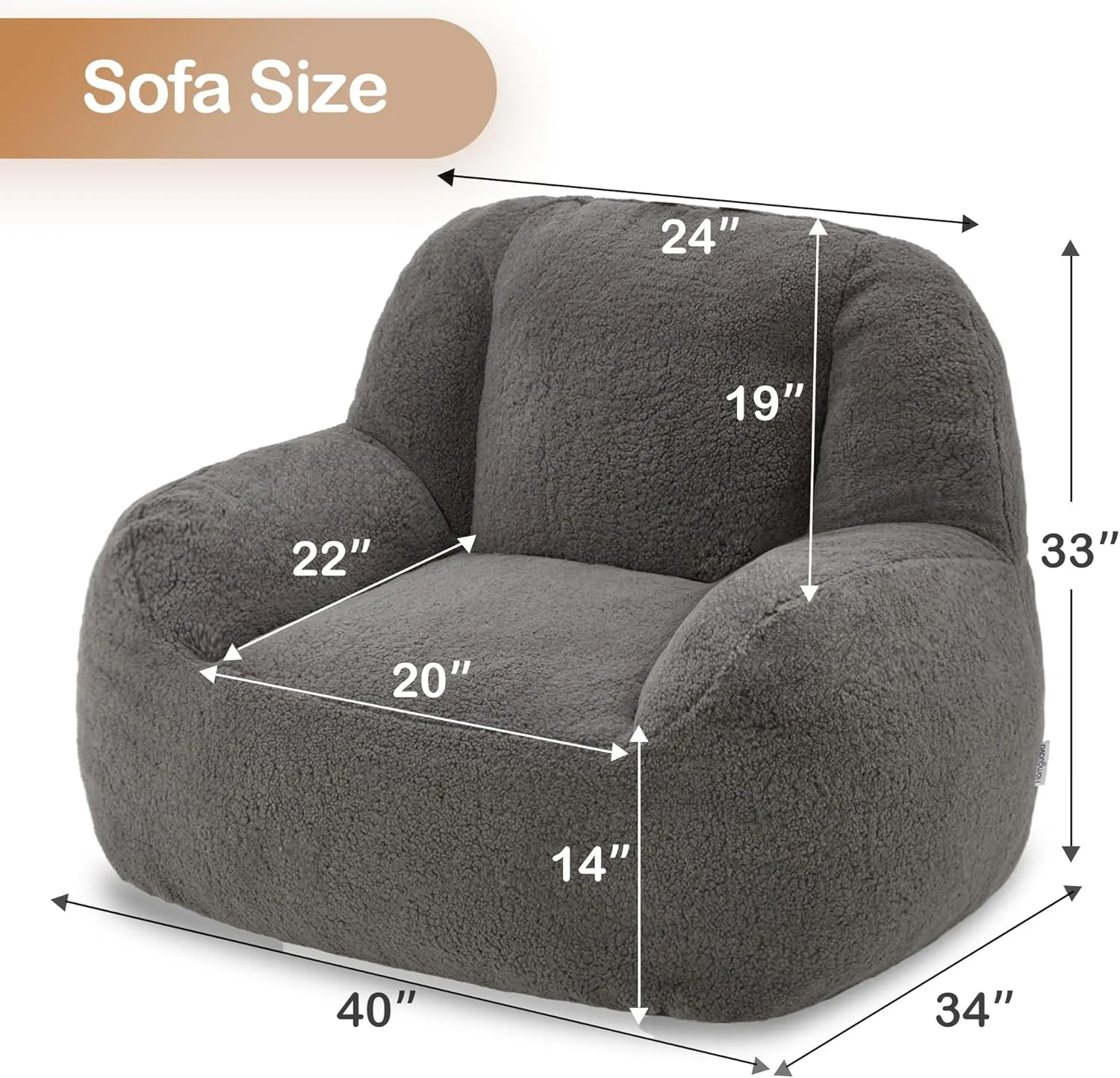 Homguava Bean Bag Chairs for Adults,Giant Beanbag Couch Adult Bean Bag Chair with Filler Included,Modern Lazy Sofa Comfy Chair for Living Room(Dark Grey)