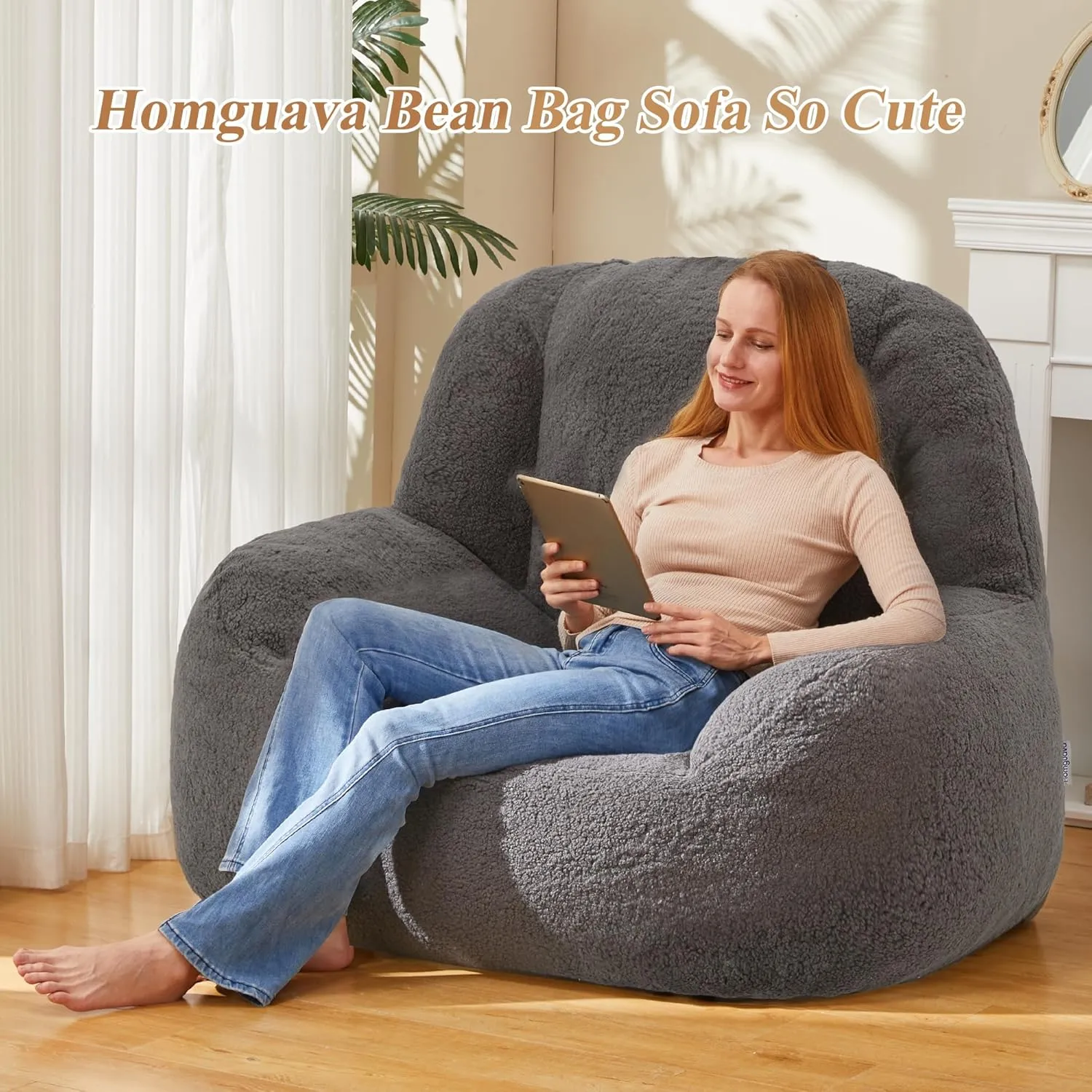 Homguava Bean Bag Chairs for Adults,Giant Beanbag Couch Adult Bean Bag Chair with Filler Included,Modern Lazy Sofa Comfy Chair for Living Room(Dark Grey)