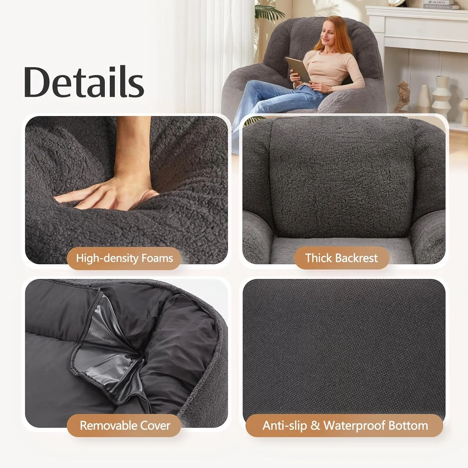 Homguava Bean Bag Chairs for Adults,Giant Beanbag Couch Adult Bean Bag Chair with Filler Included,Modern Lazy Sofa Comfy Chair for Living Room(Dark Grey)