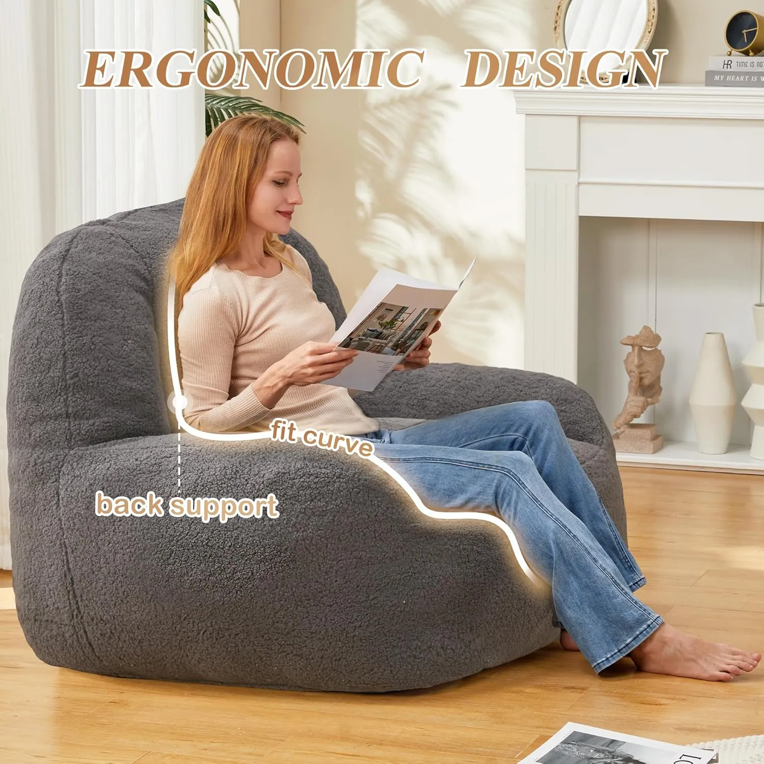 Homguava Bean Bag Chairs for Adults,Giant Beanbag Couch Adult Bean Bag Chair with Filler Included,Modern Lazy Sofa Comfy Chair for Living Room(Dark Grey)